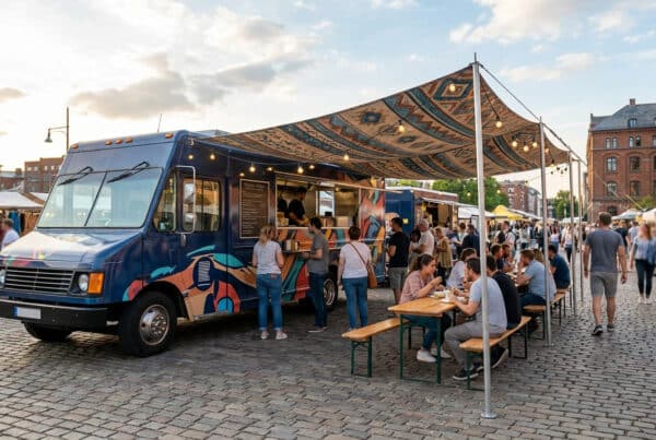 Blue food truck with a colorful mural serves customers under a striped canopy; people sit and eat at wooden benches.