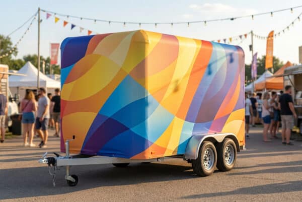 Colorful wrapped trailer at a sunny outdoor festival with string lights and people nearby. בד