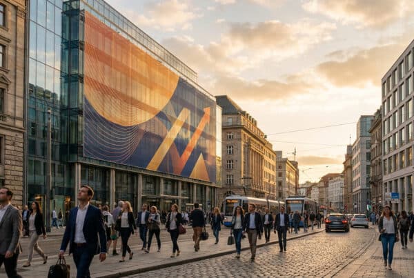 Busy city street at sunset with pedestrians walking along a cobblestone road and a glass-fronted building in the background.