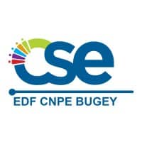 Logo for CSE with blue letters, a multicolored arc motif, and the caption 'EDF CNPE BUGEY' below.