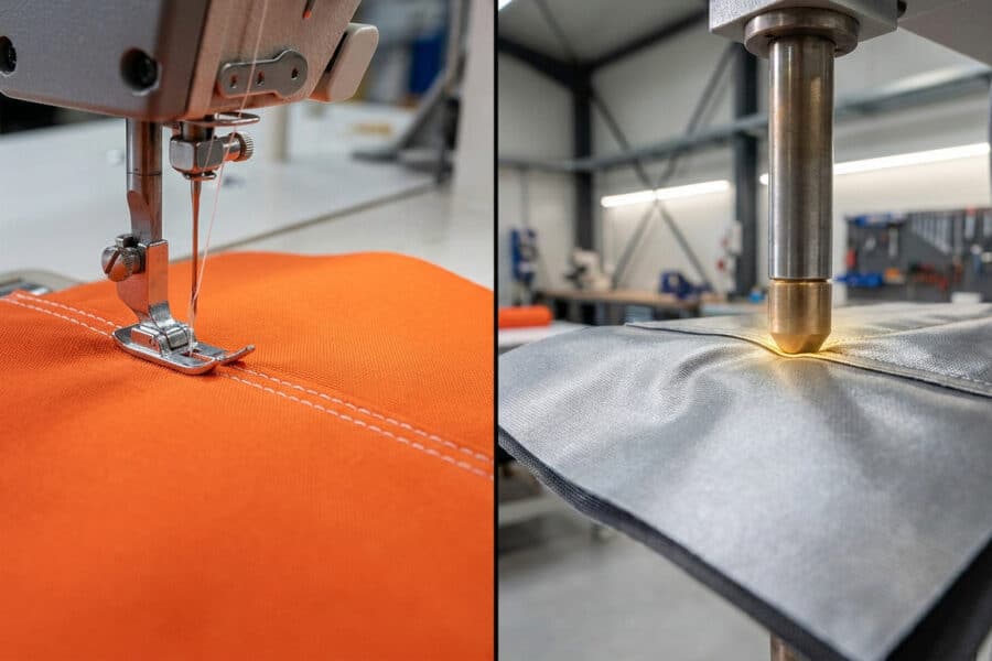 Comparaison visuelle entre une machine à coudre cousant un tissu orange et une machine de soudure haute fréquence.